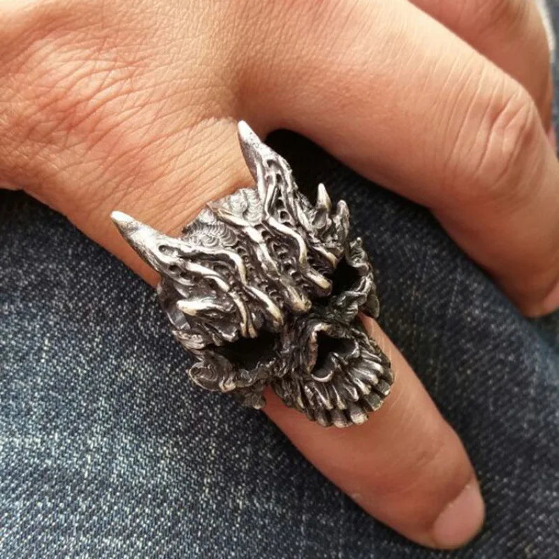 Retro Dark Rakshasa Skull Ring For Men Punk Gothic Rock Hiphop Open Ring Biker Accessories Designer Jewelry Unisex Gift