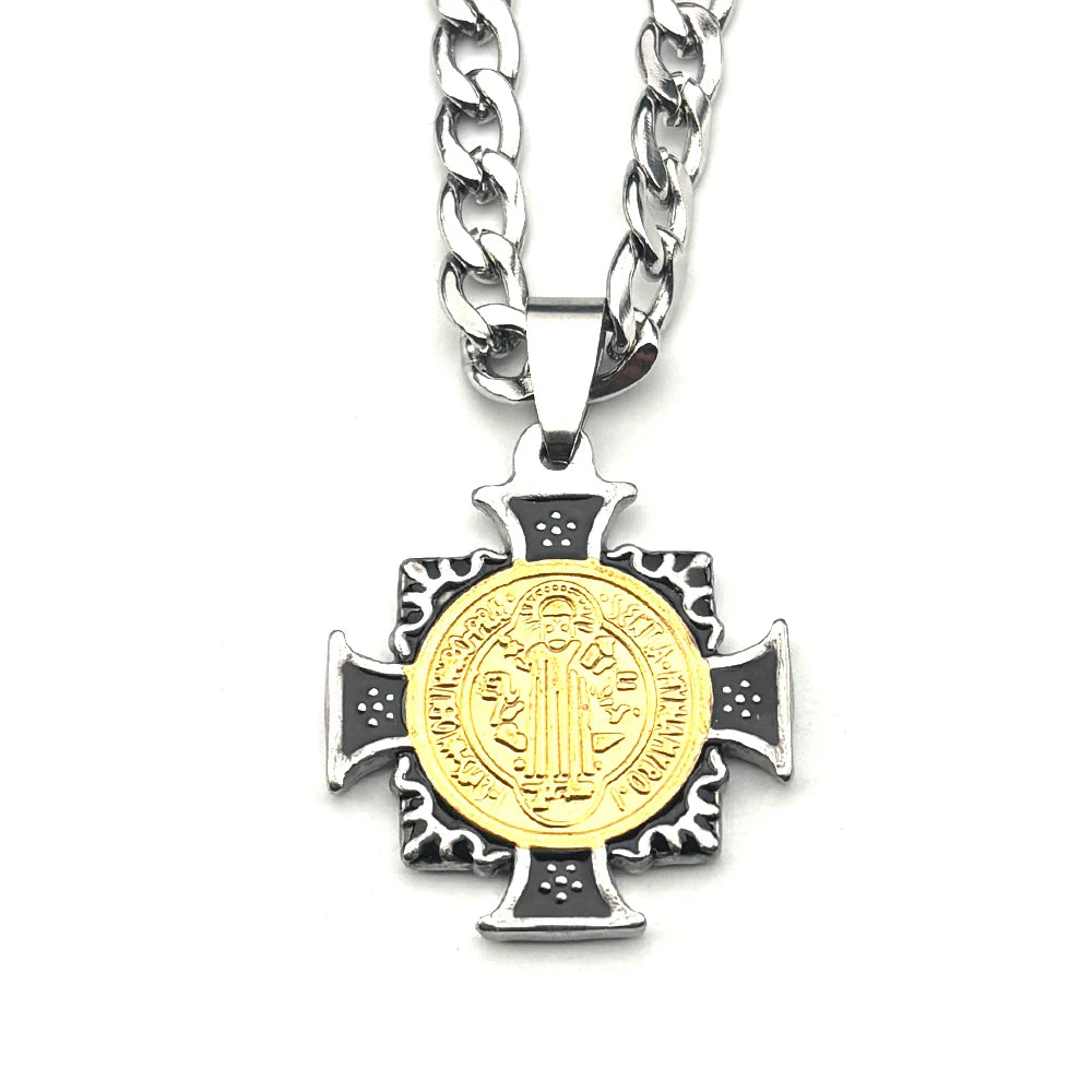 Catholic Saint Benedict Cross Pendant Necklace for Men Stainless Steel Gold Silver Color Chain Enamel Jewelry Gift San Benito