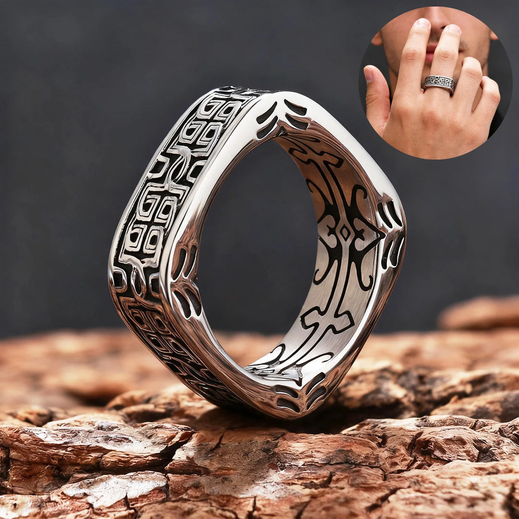 HX Silver Color Men's Ring Retro Square Round Pangu Trend Personality Domineering Handmade Ring Jewelry Accessories