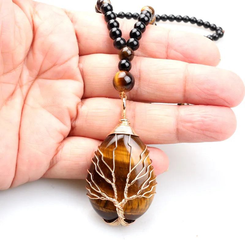 Natural Tiger's Eye Stone Tree of Life Necklace for Women And Men Jewelry Gift