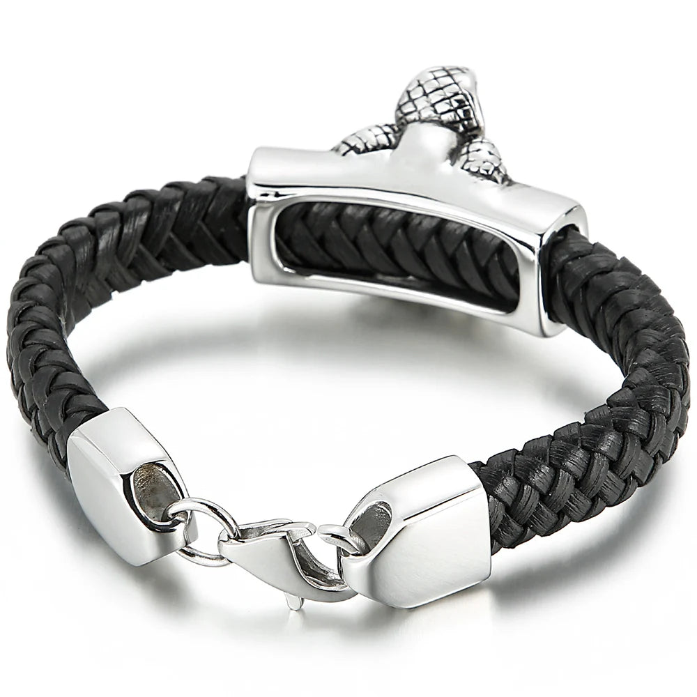 Punk Gothic Men's Snake Head Body Bracelet Man Distressed 316L Stainless Steel & Leather Wrap Bracelet for Men Animal
