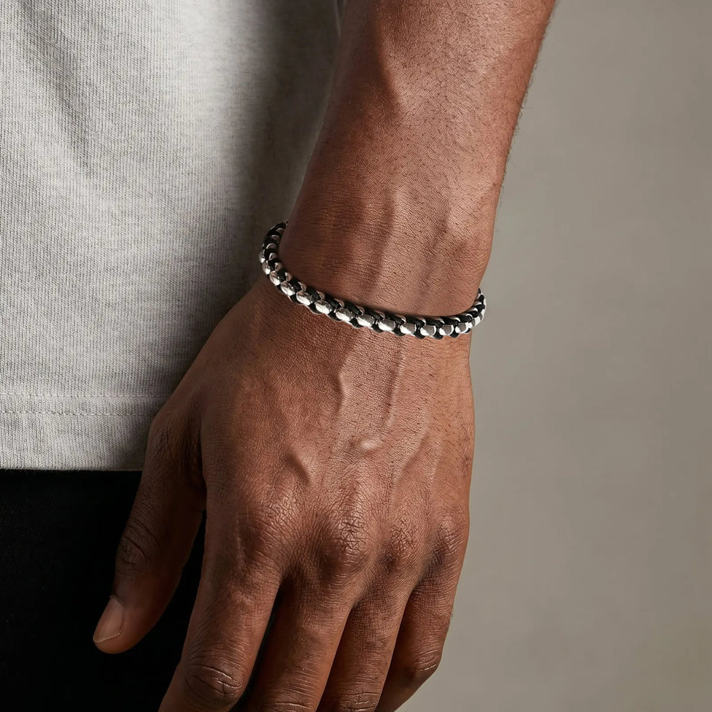 Braided Black Rope Bracelet — Stainless Steel