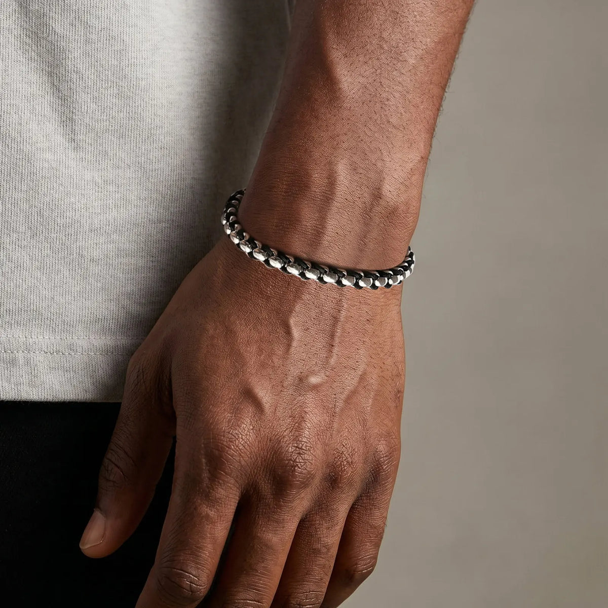 Braided Black Rope Bracelet — Stainless Steel