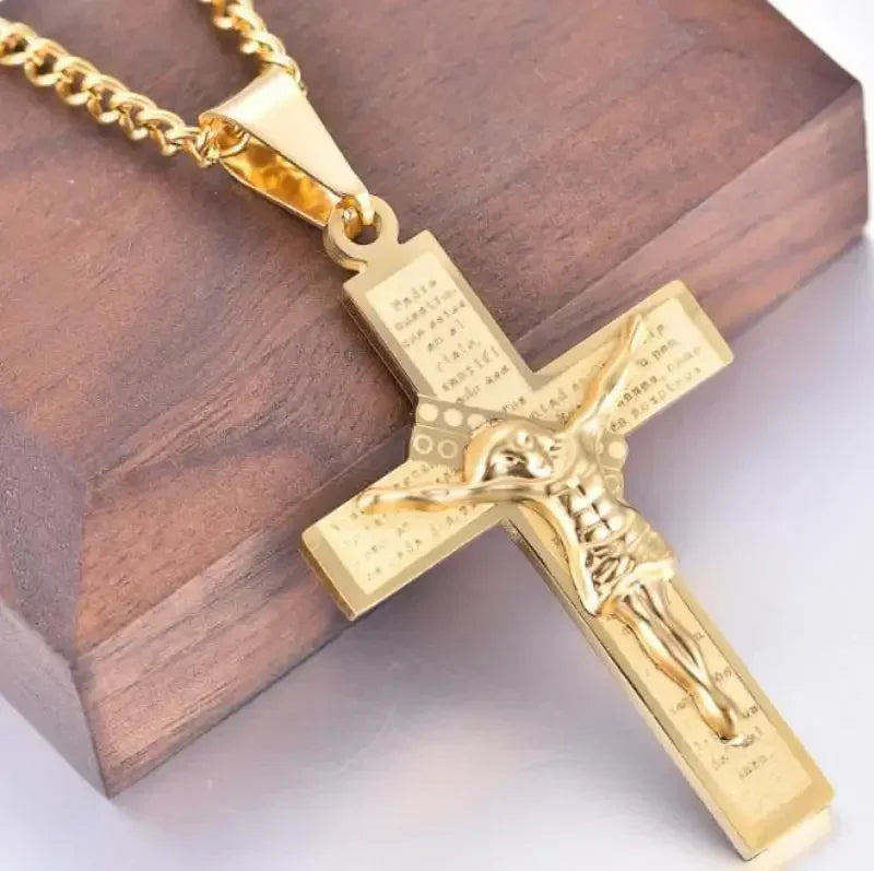 Jesus Christ Cross Mens Necklace Gold Color Cross Religious Pendant Necklace Accessory Chain Accessories