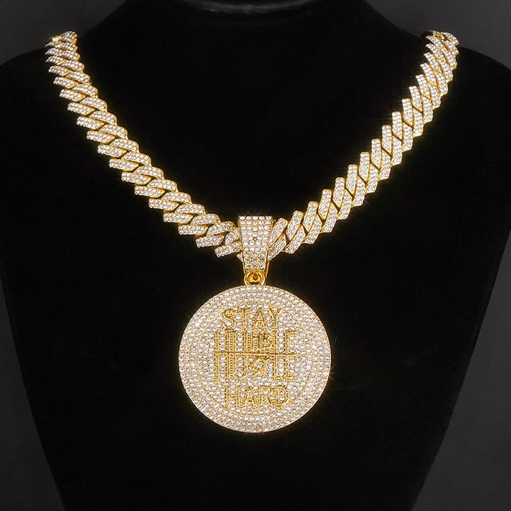 Hip Hop STAY HARD Letter Pendant Cuban Chain Necklace Punk Gold Color Iced Out Bling Necklaces Fashion Charm Men Women