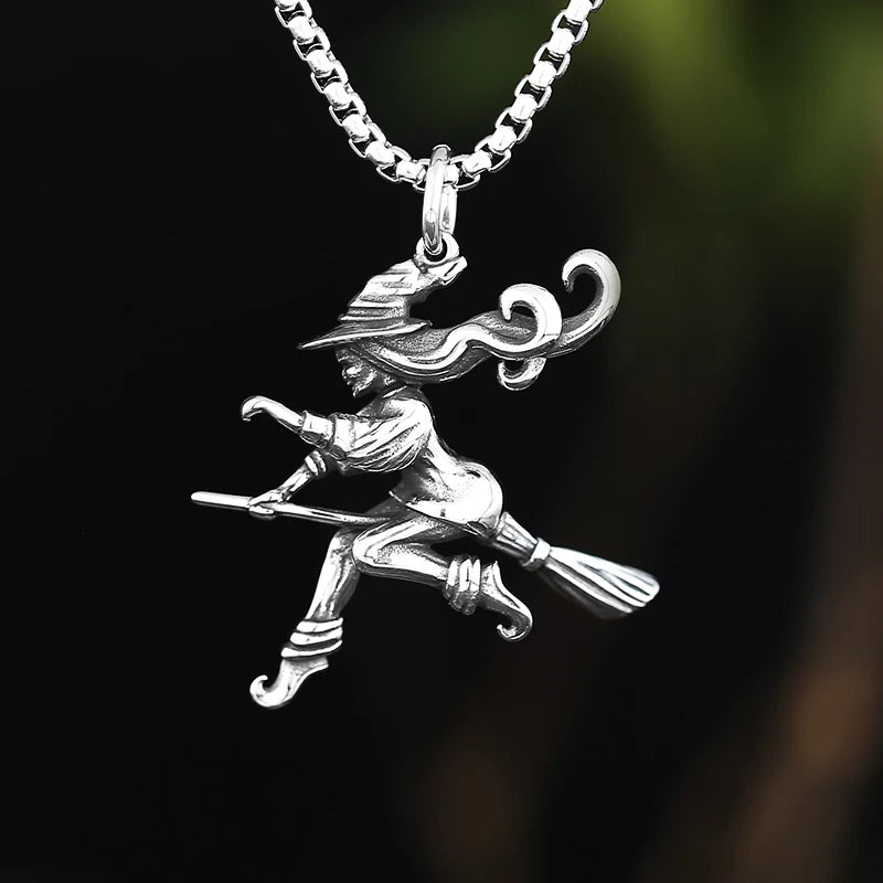 Movie 316L Stainless Steel Witch On Broomstick Halloween Charm Pendants For Jewelry Making Magician Pendants Charm