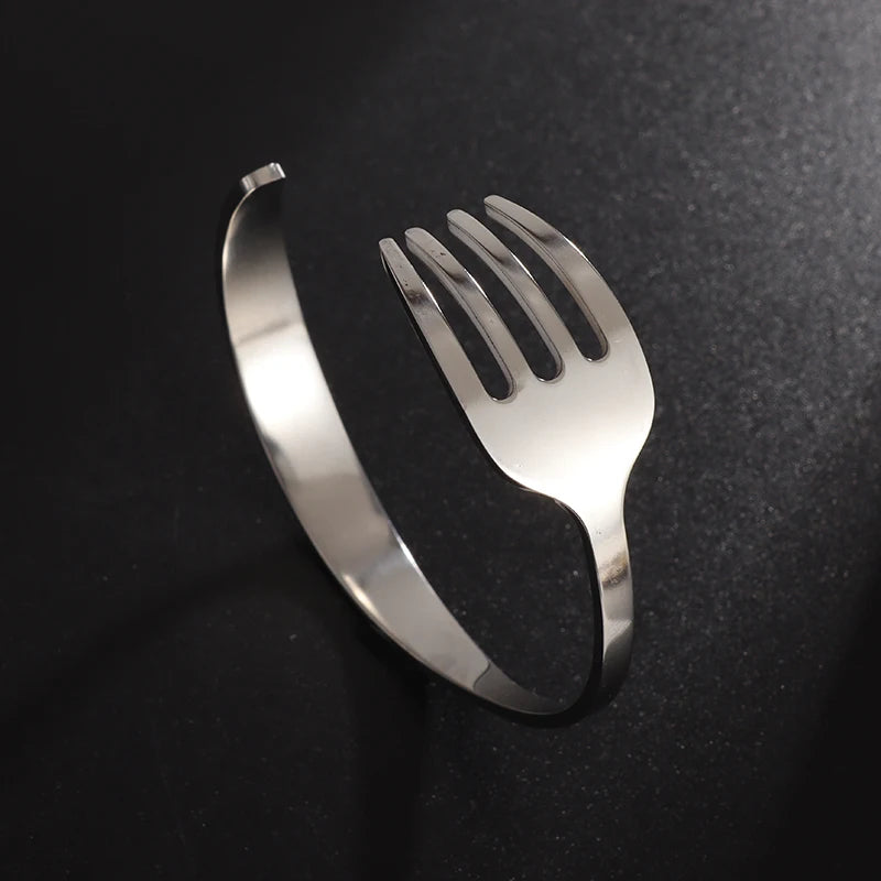 Fashion Design Stainless Steel Curved Tableware Fork Open Bracelet Men and Women Personality Charm Hip Hop Casual