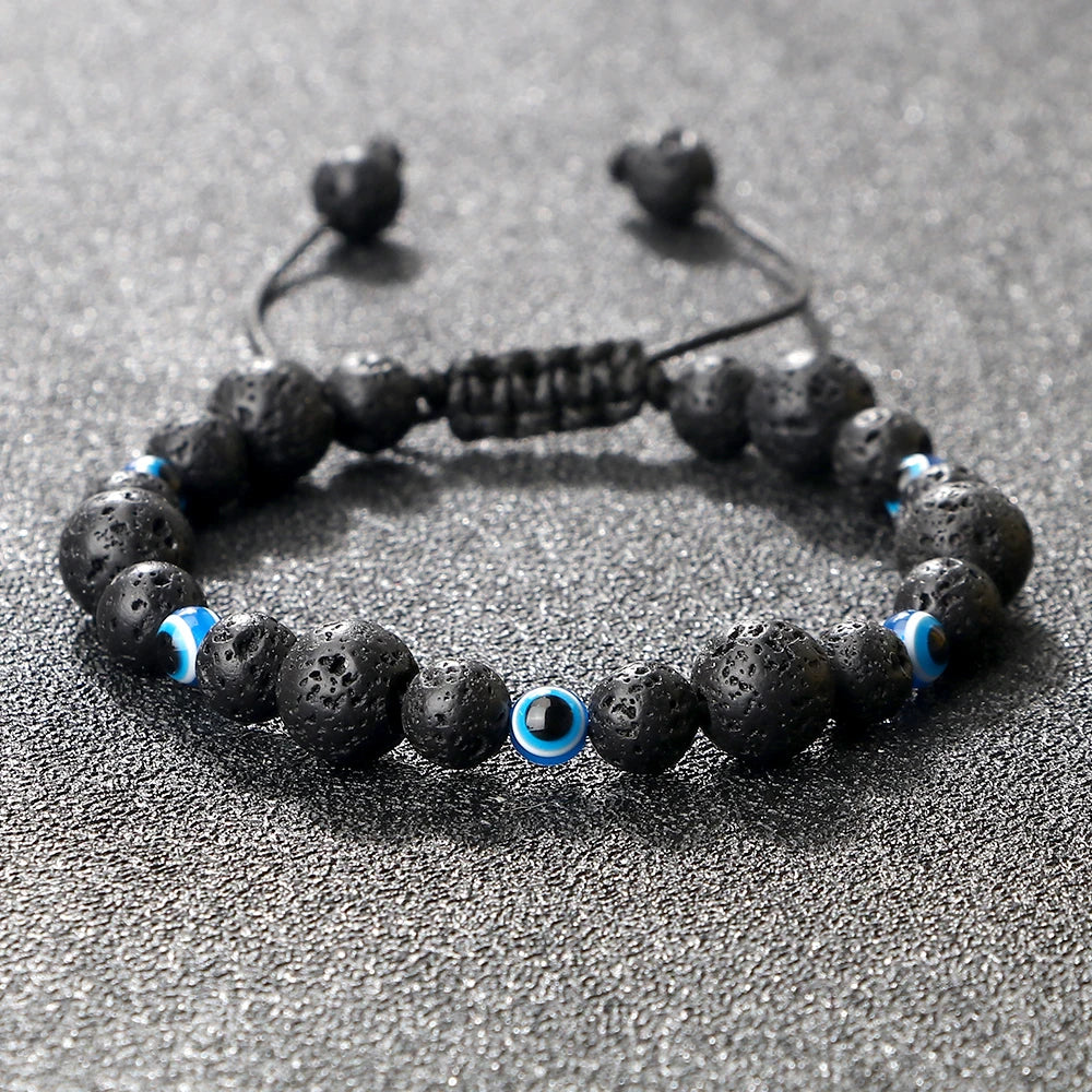 6 8mm Natural Stone Beads Bracelet for Women Men Blue Turkish Evil Eye Braided Chain Bangle Lucky Couple Jewelry Gift