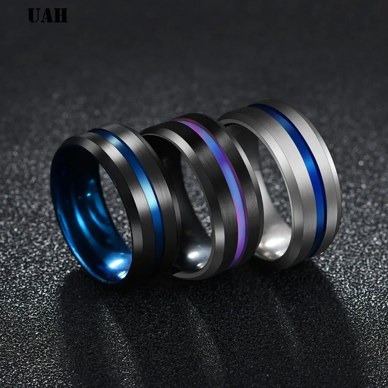 UAH Hot Sale Groove Rings Black Blu Stainless Steel Midi Rings For Men Charm Male Jewelry