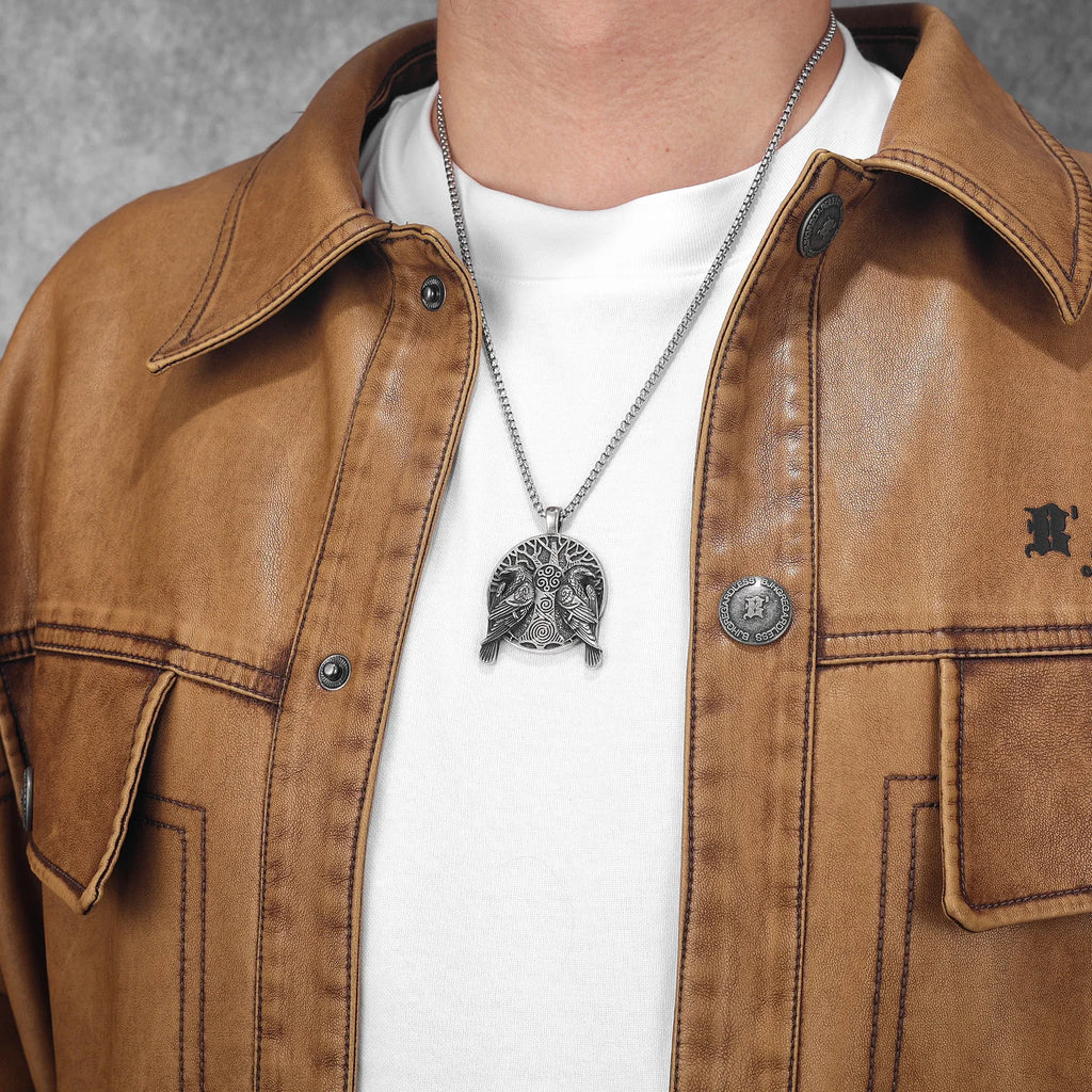 Viking Tree Raven Pendant Necklace — Stainless Steel