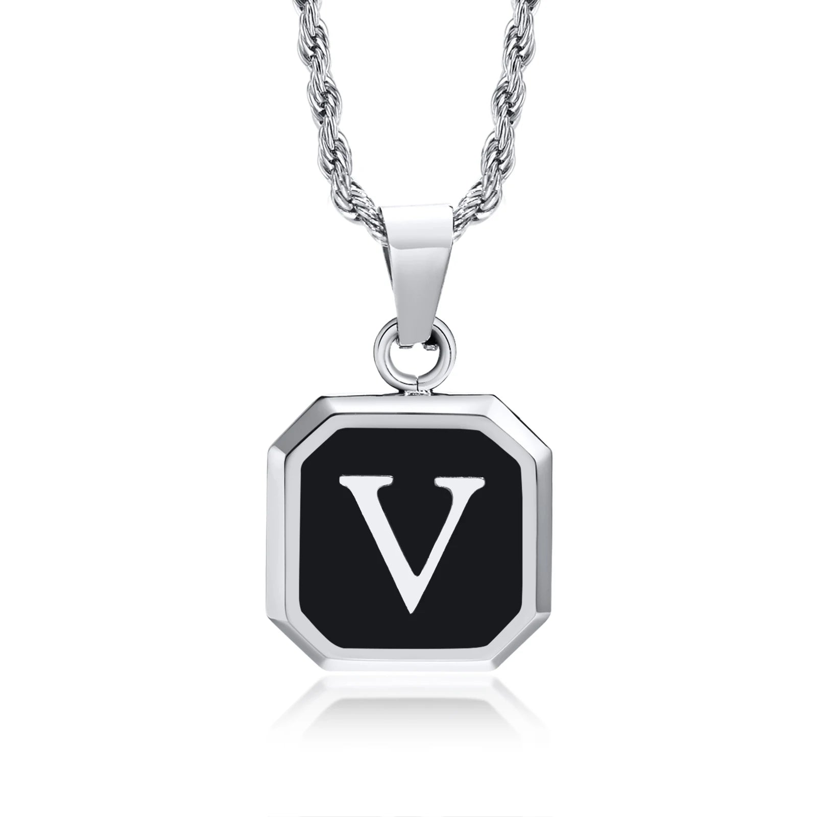 Initials Necklaces for Men Women,A-Z 26 Letters Black Square Stainless Steel Pendant Collar,45-60CM Twisted Rope Chain