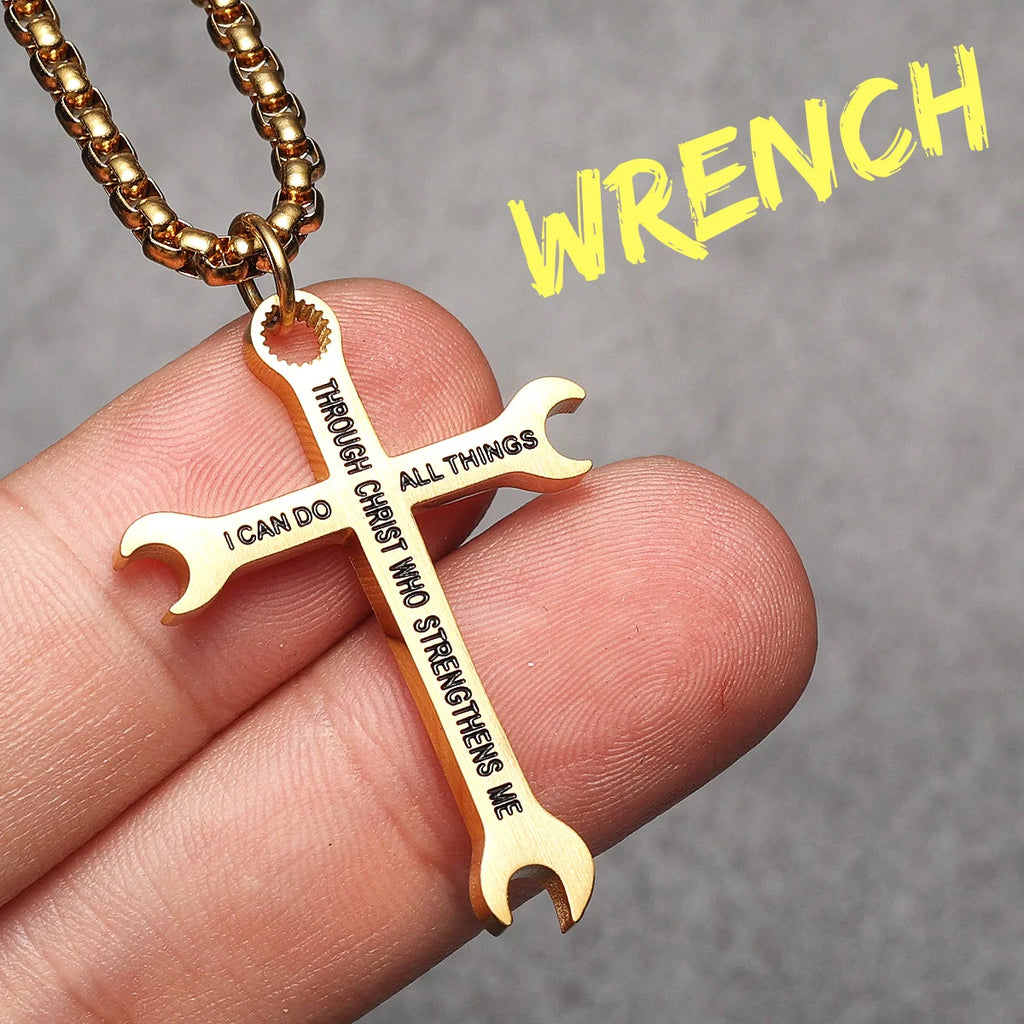Wrench Cross Pendant Necklace — Stainless Steel