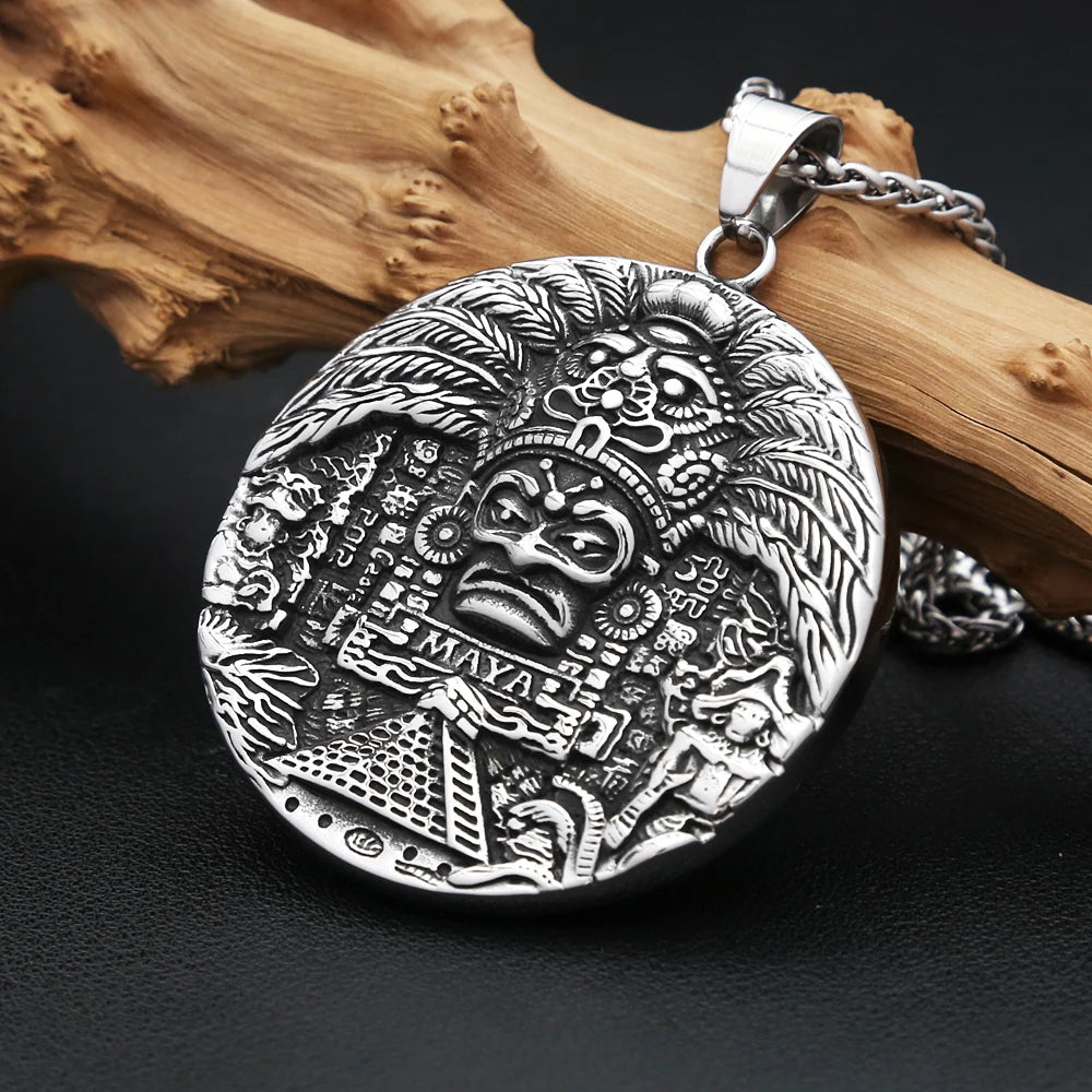 Aztec Steel Pendant Vintage Mayan Pattern Big
