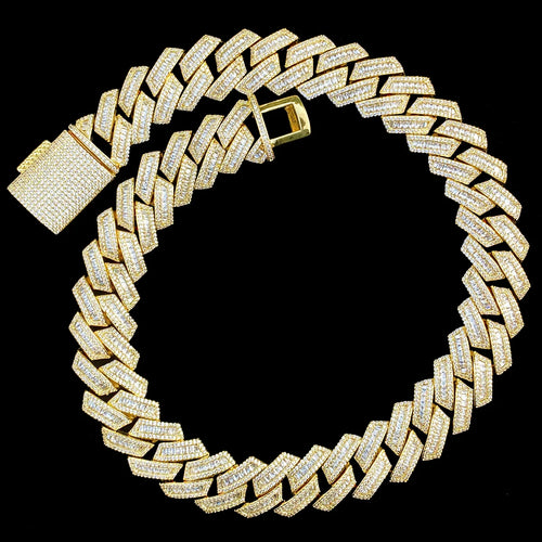 Aokaishen Iced Out Cuban Link Chain Men Necklace Choker 5A Prong Setting Cubic Zirconia Copper Gold Plated Hip Hop Jewelry
