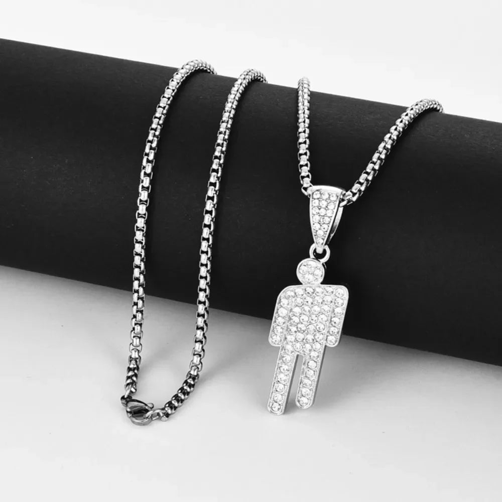 Personality Tilt Head Little Person Stainless Steel Zircon Pendant Necklace for Men Women Hip-hop Punk Collar Accessory