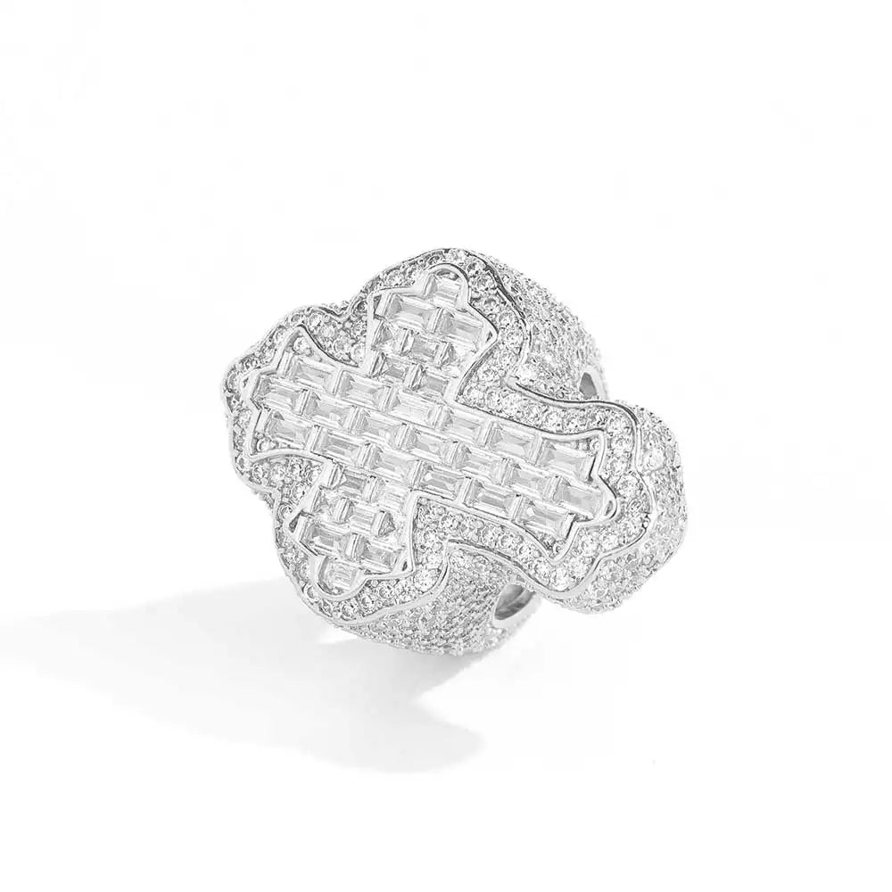 Cross Ring Iced Out Stainless Steel Statement