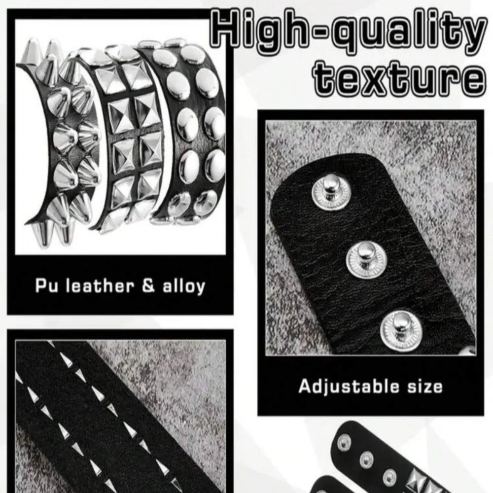 Classic Adjustable Size Rivet Bangle Square Wide Rows Nails Spike Cuff Bracelet PU Leather Bracelets Bangle Men Women