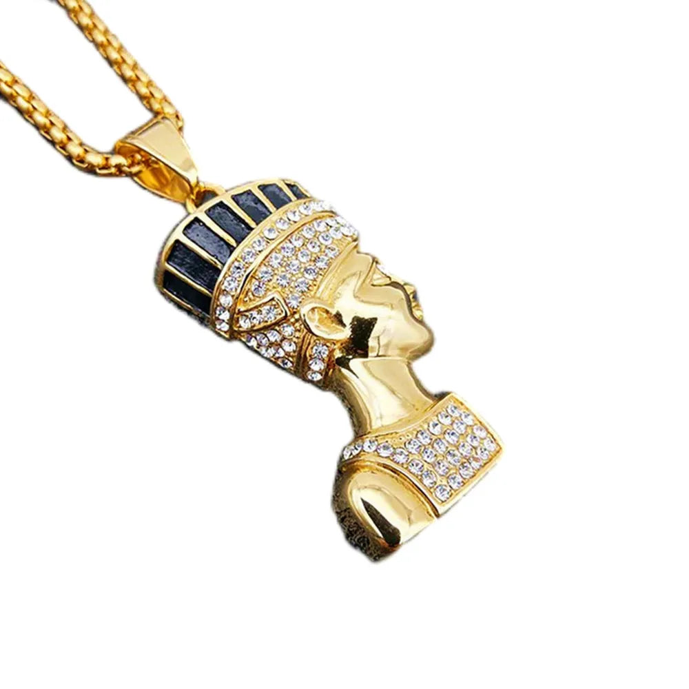 Hip Hop Jewelry Egyptian Nefertiti Queen Portrait Pendant Rhinestone 316L Stainless Steel Necklace Iced Out Chain Mens Gift