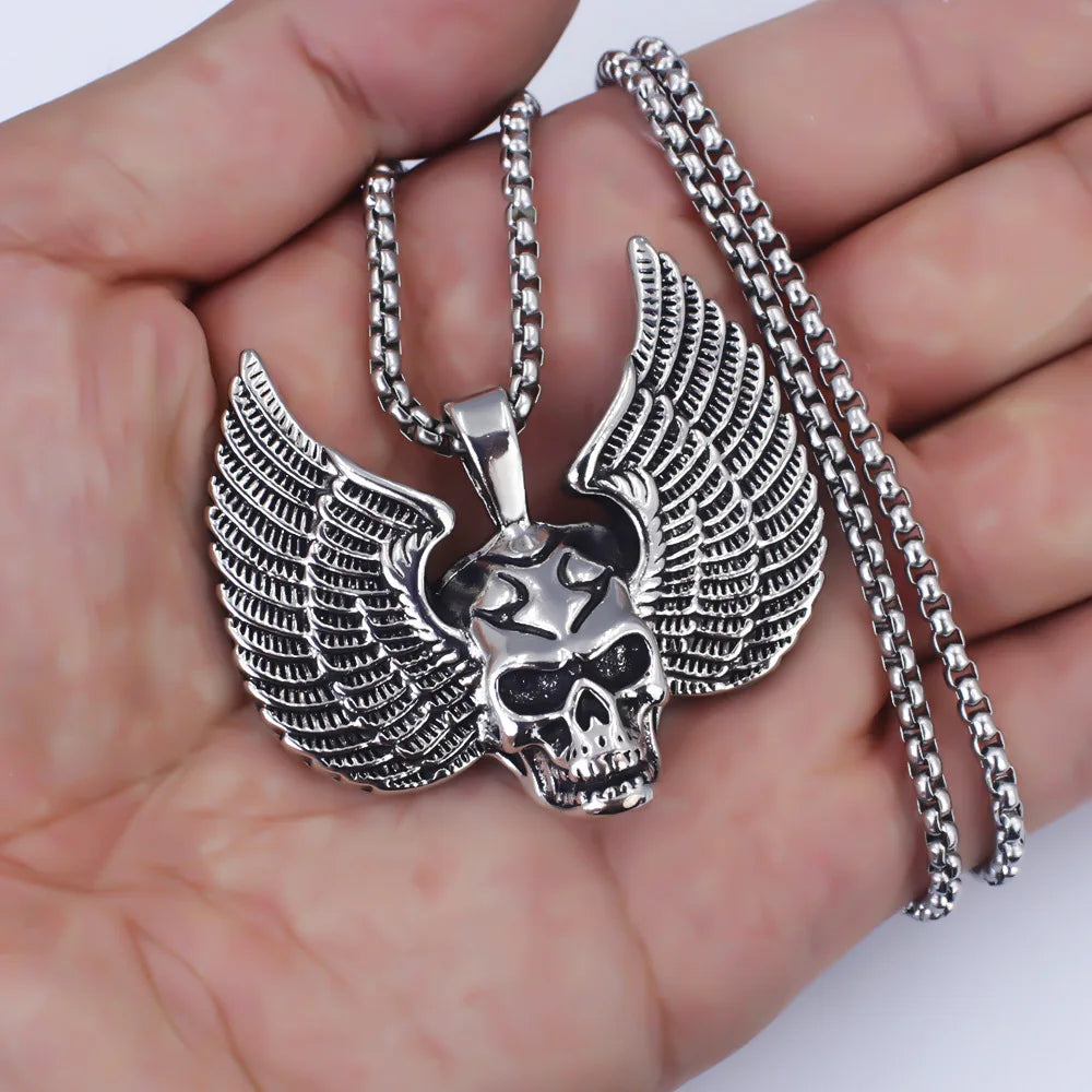 Silver Skull Wings Pendant Necklace Box Chain