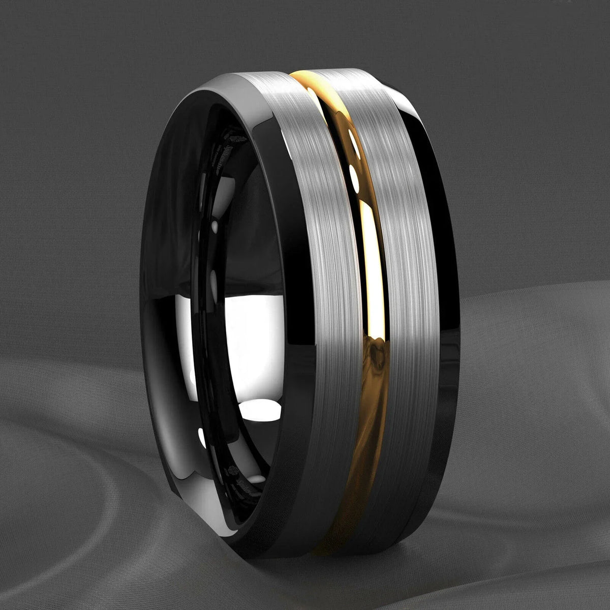8MM Fashion Gold Color Groove Stainless Steel Rings Silver Color Brushed Black Edge Rings Women Wedding Band Jewelry
