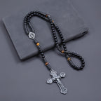 Trendy 8mm Black Round Beads Tiger-eye Stone Saint Benedict Cross Pendant Necklace for Men