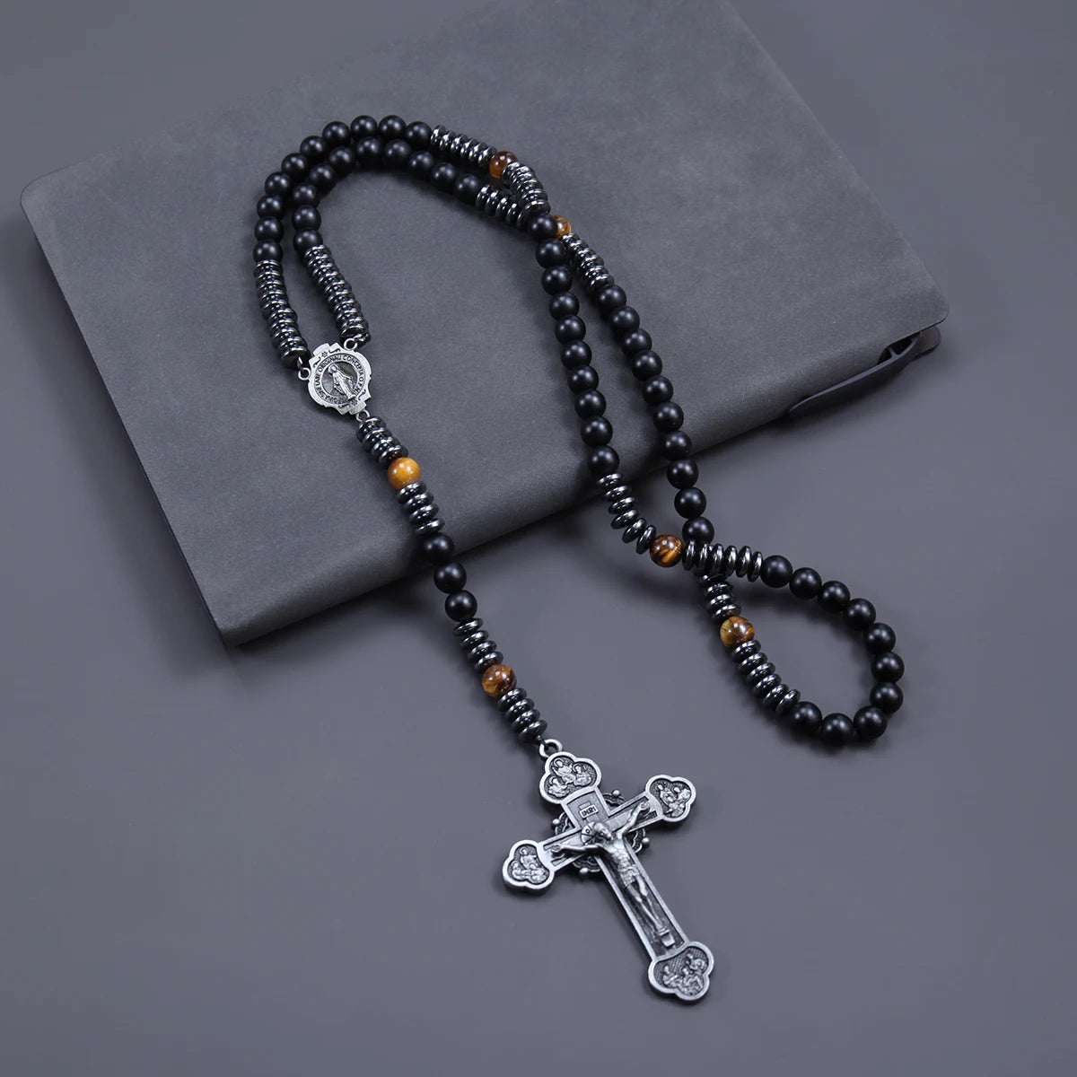 Trendy 8mm Black Round Beads Tiger-eye Stone Saint Benedict Cross Pendant Necklace for Men