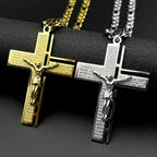 Jesus Cross Crucifix Pendant Necklace for Men Stainless Steel Gold Color Christian Spanish Lord's Prayer Figaro Chain