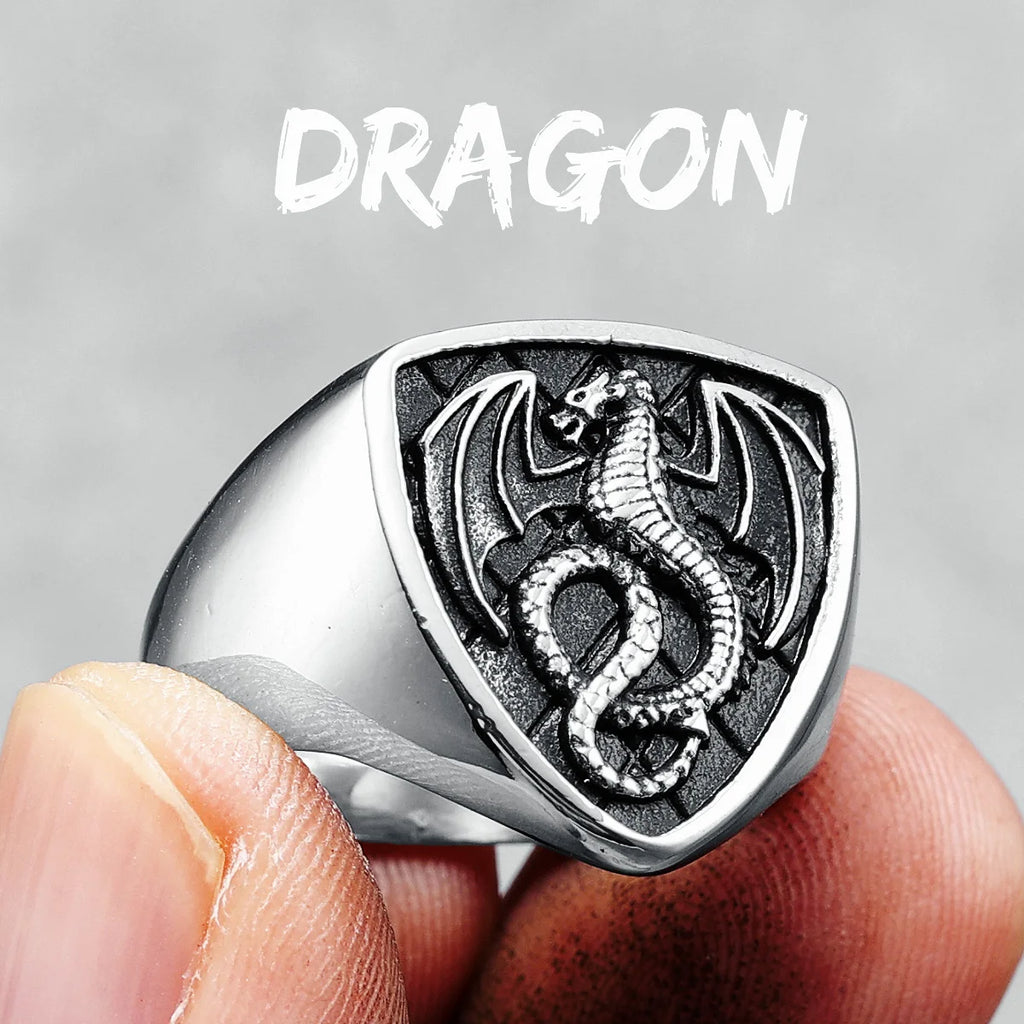 Dragon Shield Ring 316L Stainless Steel Men Rings Rock Punk Norse Myth for Biker Male Boyfriend Jewelry Best Creative