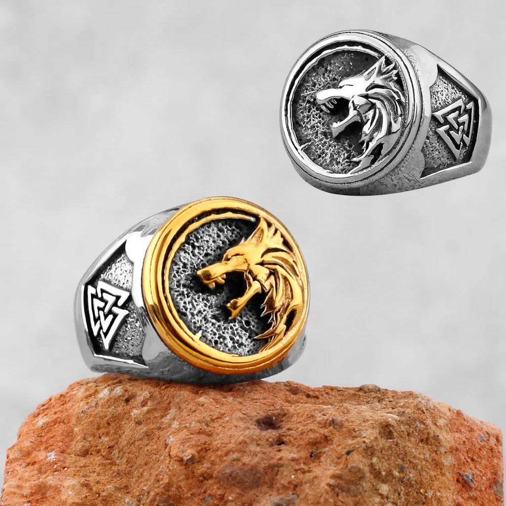 Stainless Steel Viking Wolf Head Ring Never Fade Gold Color Men's Hunting Game Hunter Wolf Claw Ring Nordic Wolf