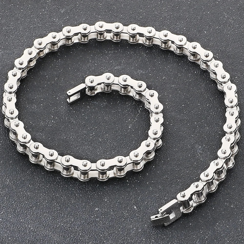 Bike Chain Necklace Bracelet Set for Man Punk Rock Stainless Steel Motorcycle Bracelets Choker Men Vacuum Plated