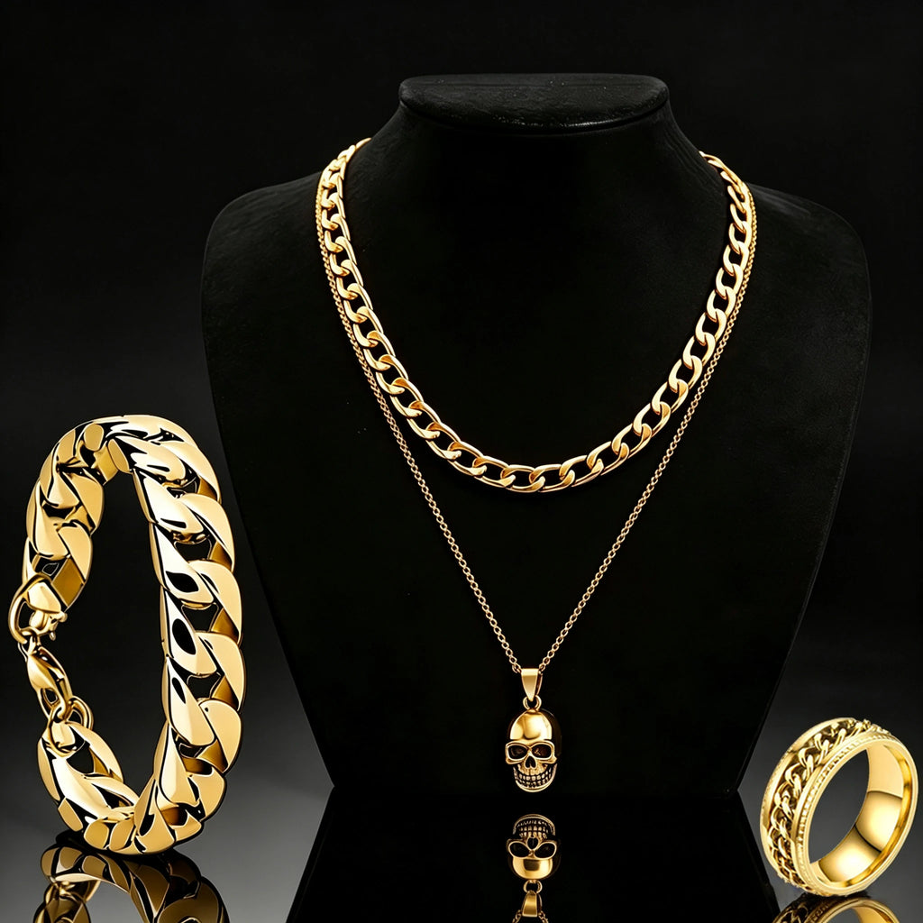 Skull Pendant Necklace, Curb Chain Bracelet & Ring Set — 4 Pcs