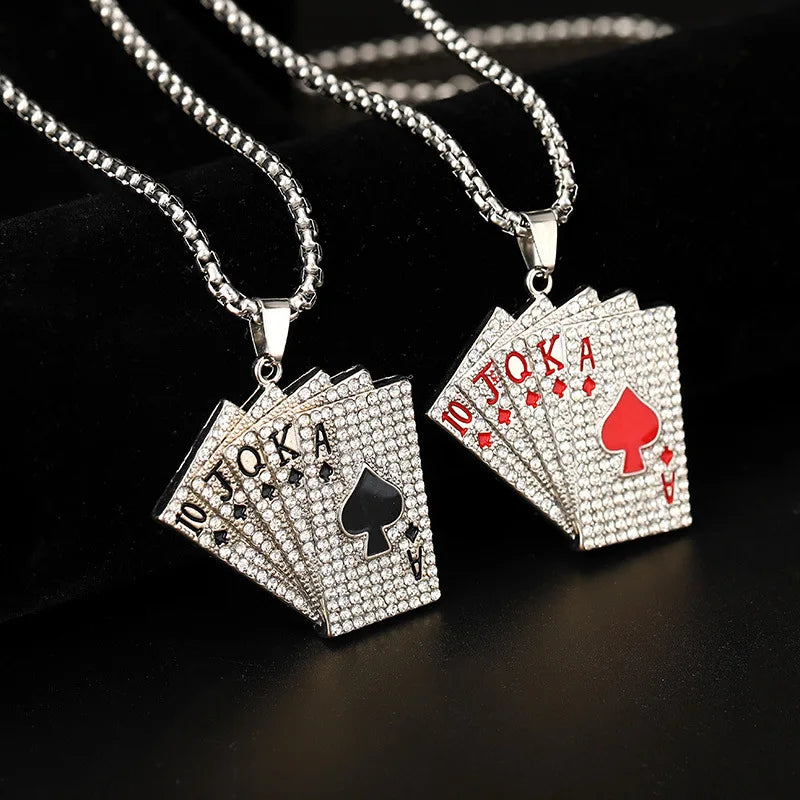 Iced Out Ace Playing Card Pendant Necklace — Stainless Steel