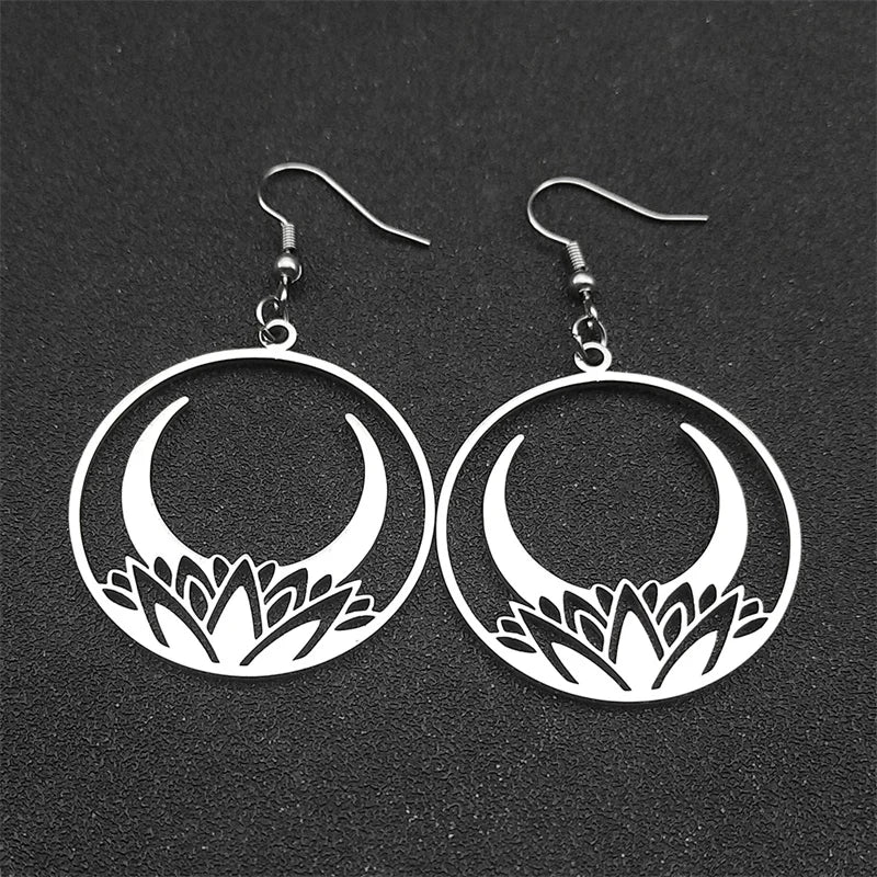 Moon Steel Earrings Gothic Flower Crescent Dangle