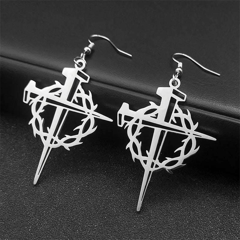 Jesus Crown Thorns Silver Earrings Drop Christian