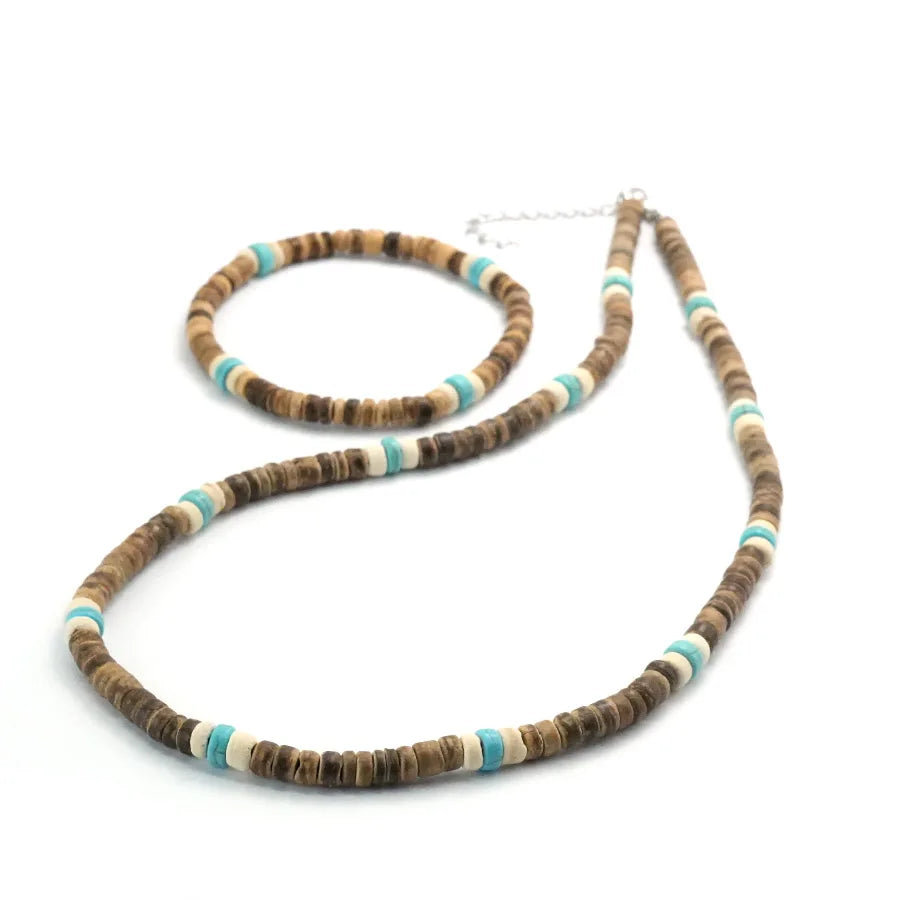 Coconut Wood Necklace Bracelet Set — Stainless Steel