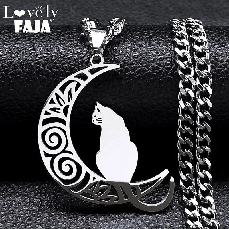 Wicca Moon Cat Choker — Stainless Steel