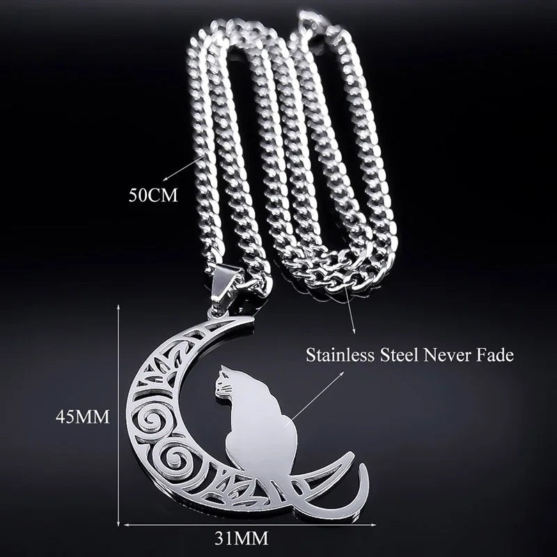 Wicca Moon Cat Choker — Stainless Steel