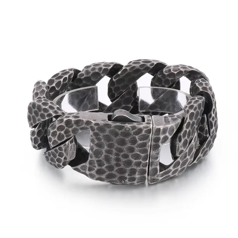 Heavy Curb Bracelet for Men Vintage Stainless Steel Foundry Tapping Pattern Cuban Chain Male Bangle Bracelets Jewelry