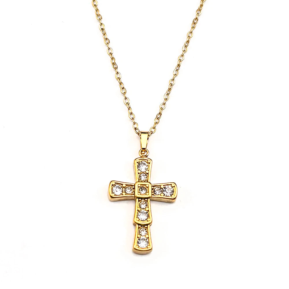 Gold-Tone Jesus Cross Rhinestone Necklace — Stainless Steel