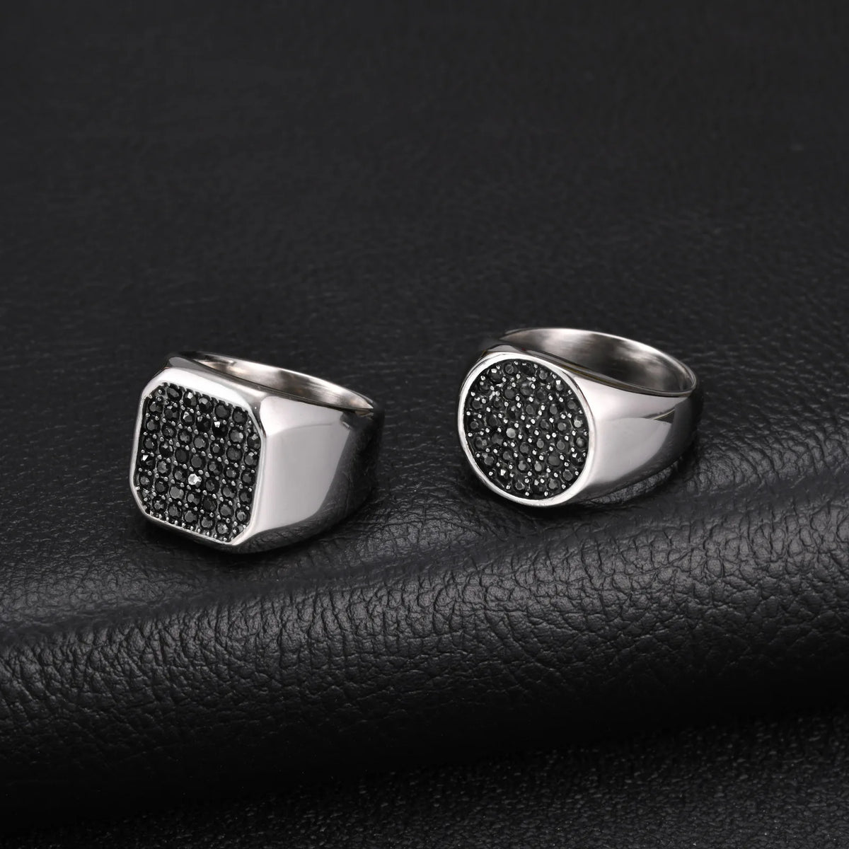 Men Signet Ring, Stainless Steel Paved Black Cubic Zirconia Band Punk Hip Hop Finger Jewelry Gift for Male Party Daily