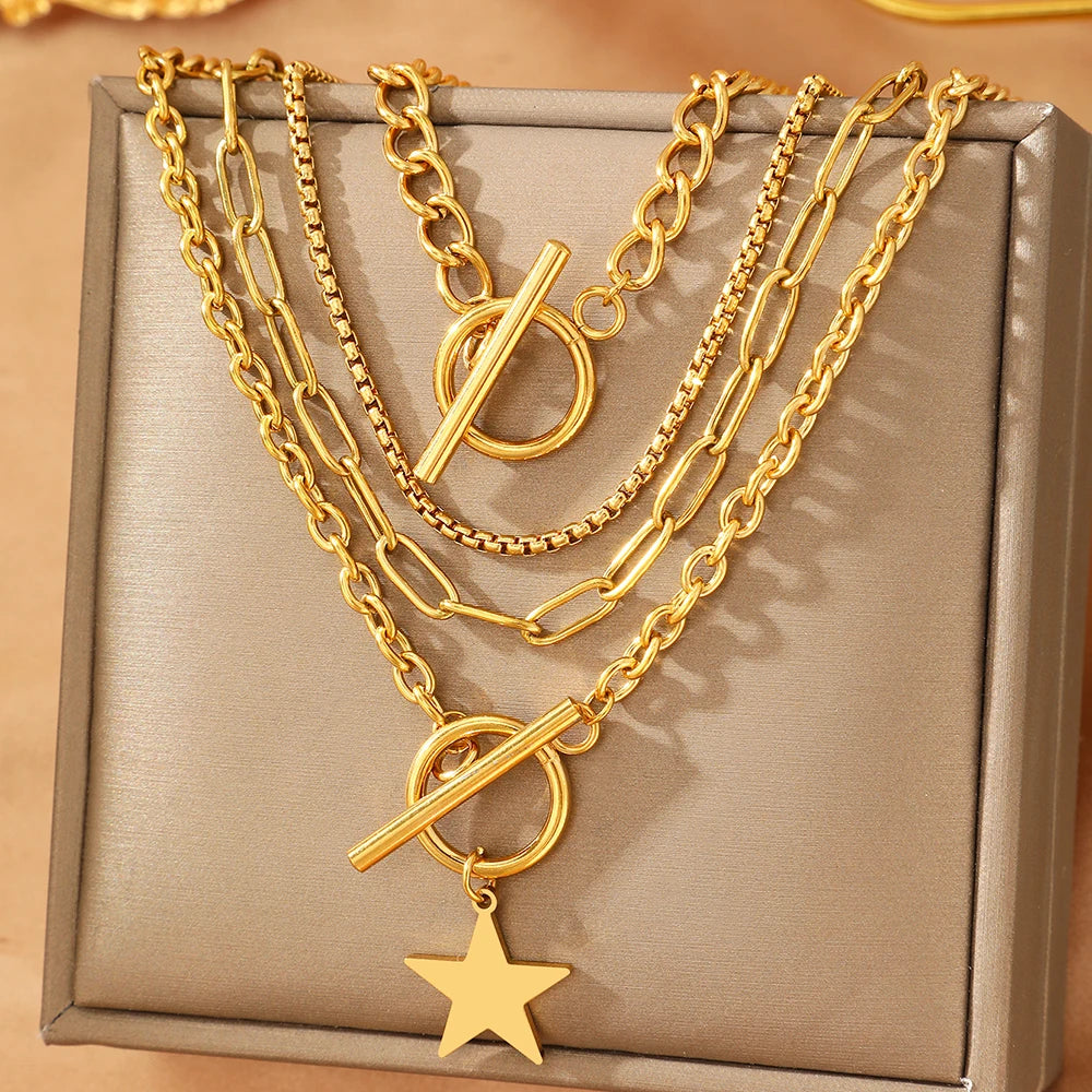 DOTIFI Stainless Steel Fashion Hip Hop Personalized Trend Kpop Exquisite Design Men's Multi-Layer Star OT Clasp Necklace Set