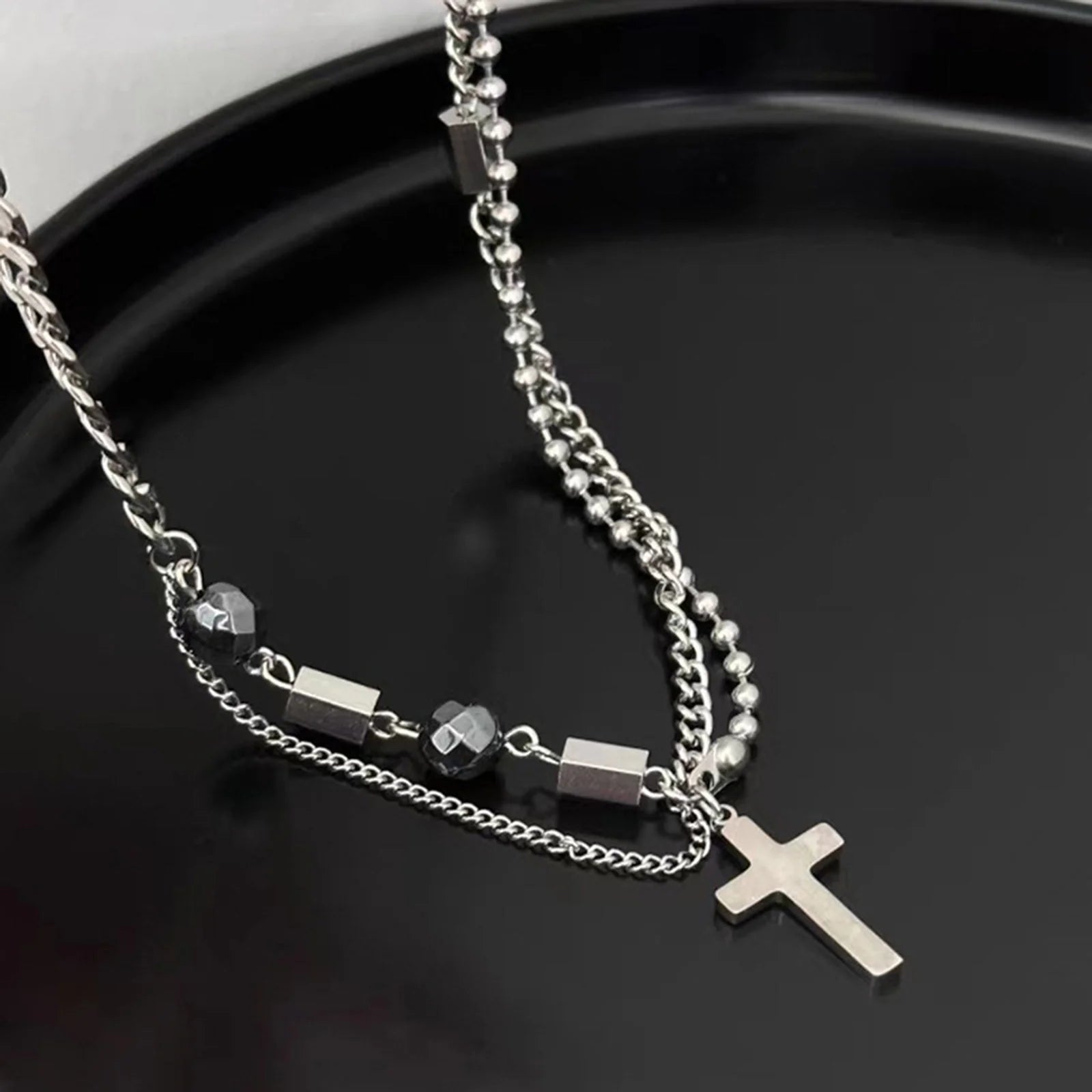 Cross Beads Chain Pendant Necklace — Stainless Steel