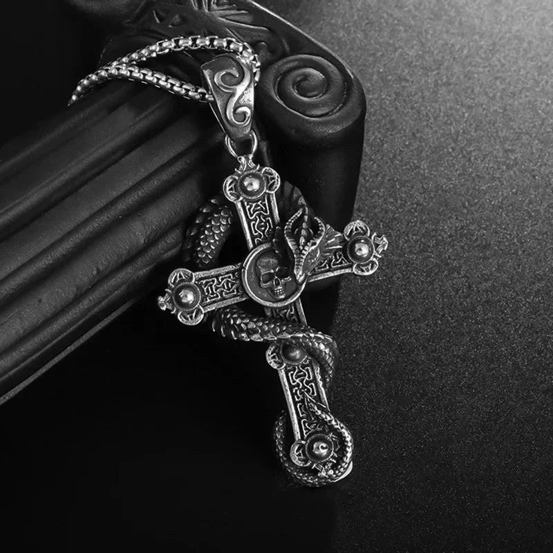 Retro Gothic Golden Cross Skull Pendant Necklace for Men Fashion Party Rock Motorcycle Riding Punk Jewelry Gift