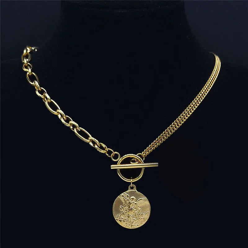 SAINT MICHAEL PROTECT US Archangel Chain Necklace for Women Men Gold Color Stainless Steel Protection Jewelry collier