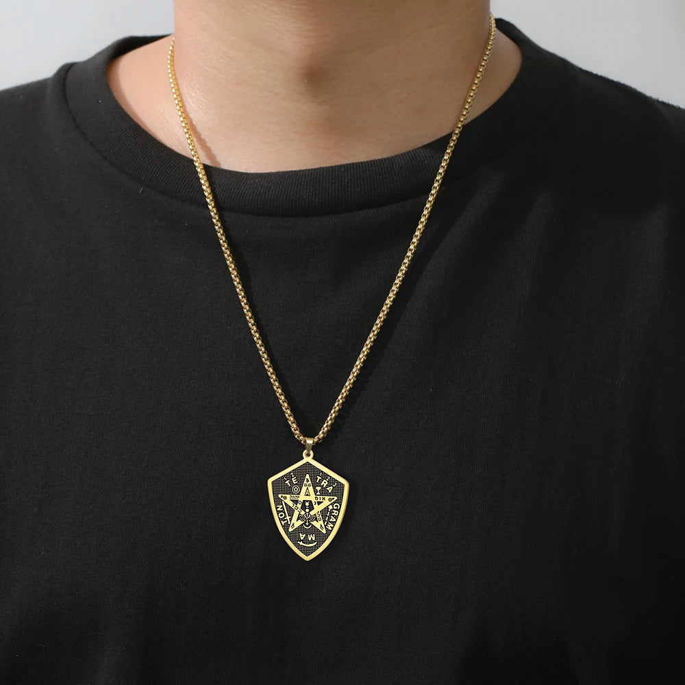 Tetragrammaton Shield Men Necklace Pentagram Protection Amulet Magical Healing Symbol Stainless Steel Wiccan Jewelry