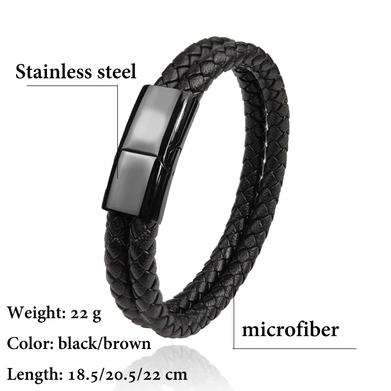 Double Leather Braided Charm Bracelet — Stainless Steel