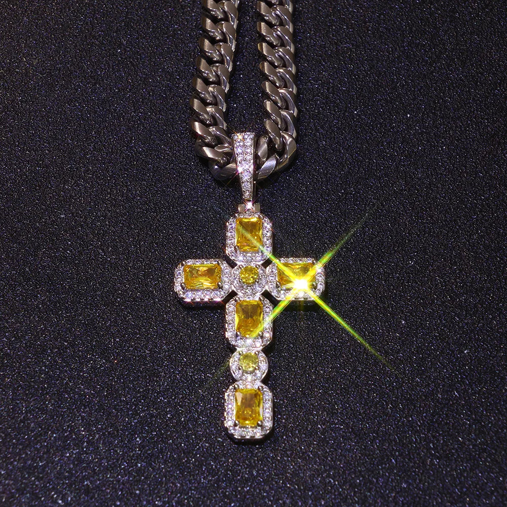 Cross Pendant Necklace Iced Out Yellow CZ
