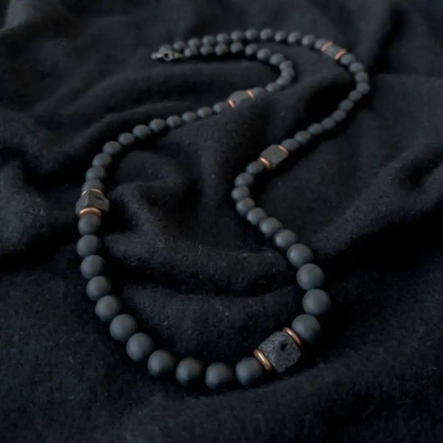 Black Onyx & Volcanic Stone Beaded Necklace for Men