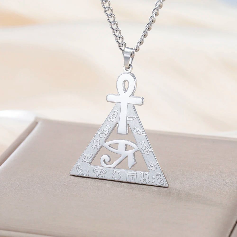 Ankh Cross Eye of Ra Necklace Egyptian Hieroglyphs Pyramid Pendant for Men Women Stainless Steel Spiritual Protection Jewelry