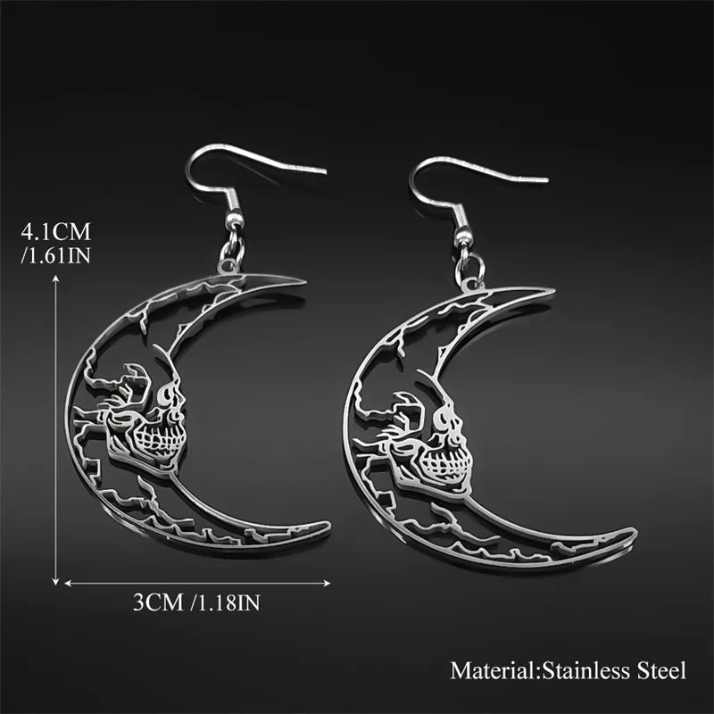 Gothic Skull Steel Earrings Crescent Moon Skeleton